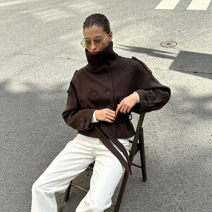 Ladies short cut wool blend jacket with high stand-up collar and waist belt Mune Fashion