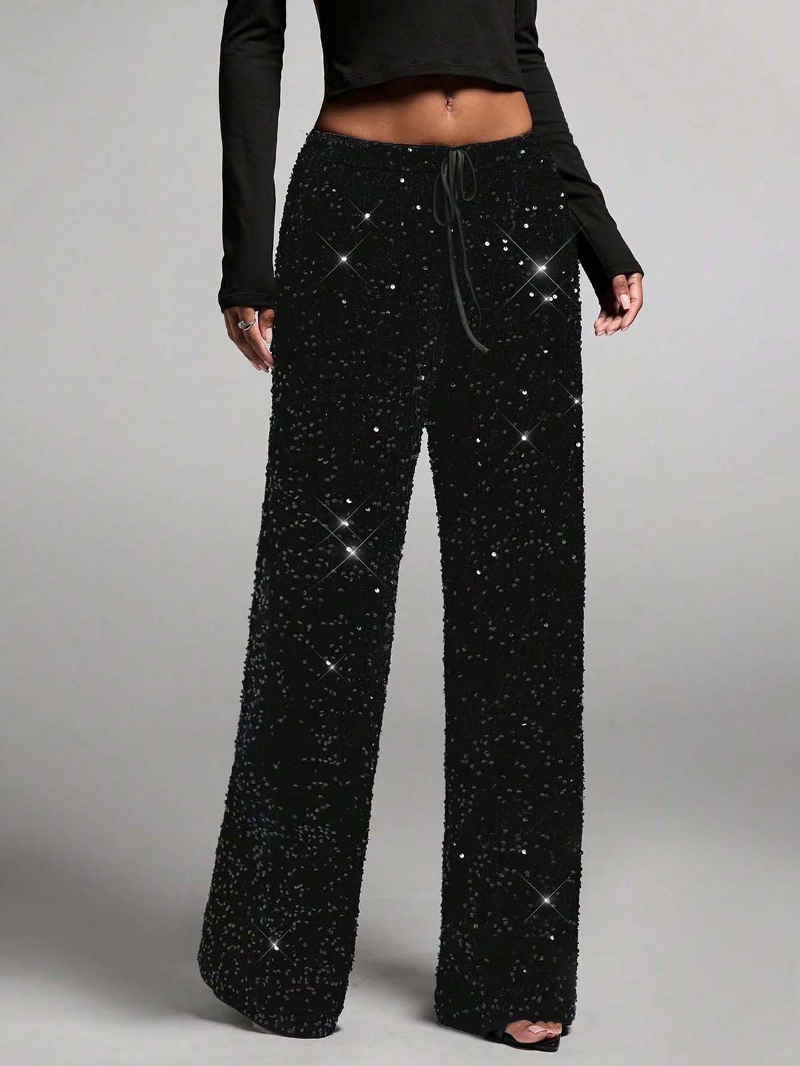 Women Sequin Palazzo Trousers with High Waist and Drawstring Mune Fashion
