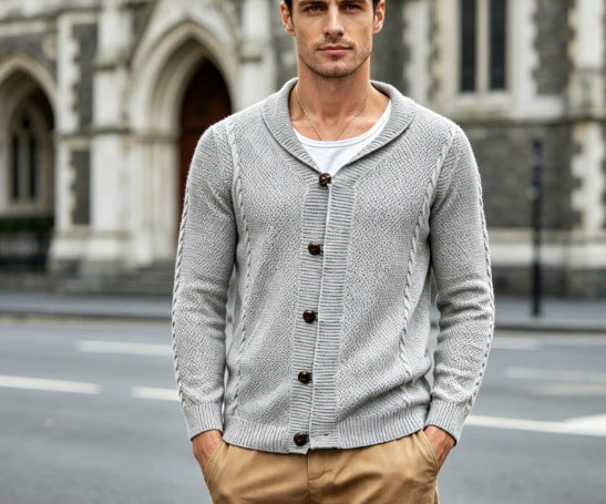 Men's fine knit cardigan with shawl collar, snap-hook closures, and textured knit Mune Fashion