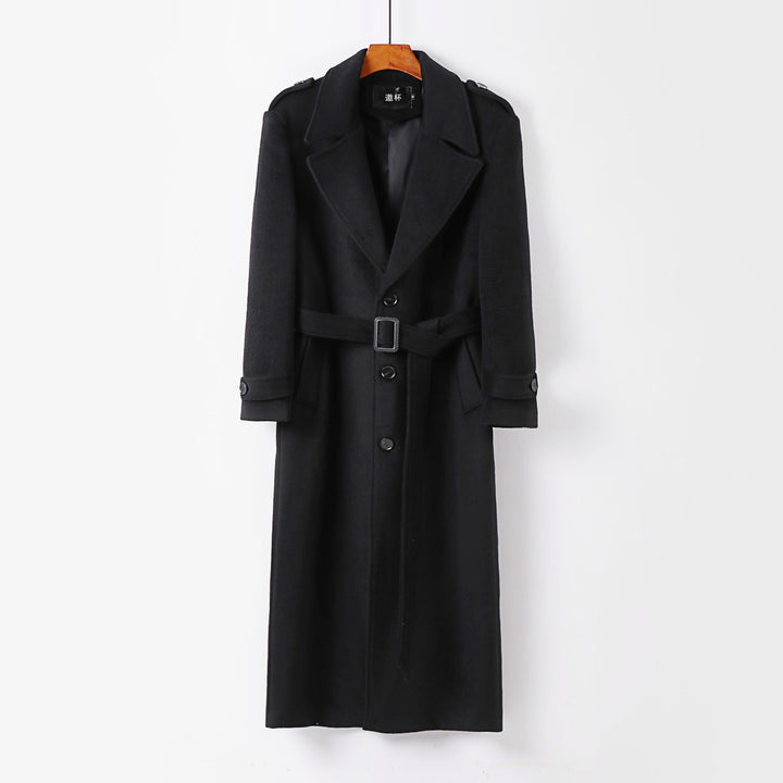 Men's floor-length wool coat with shawl collar, belt, and epaulettes Mune Fashion