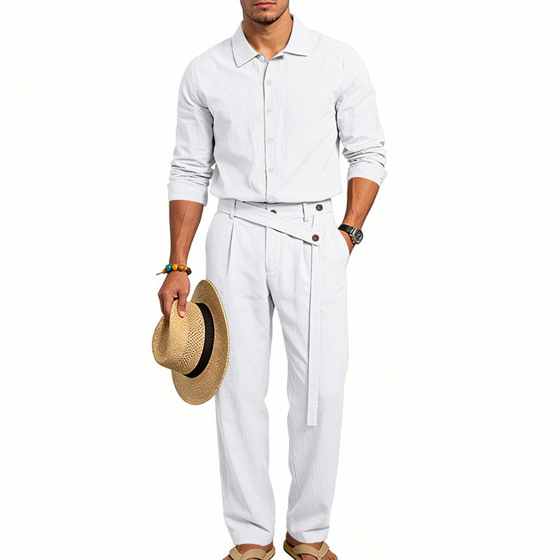 Men's elegant linen two-piece set with shirt and high-waisted pants with tie belt Mune Fashion
