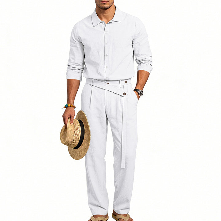 Men's elegant linen two-piece set with shirt and high-waisted pants with tie belt Mune Fashion
