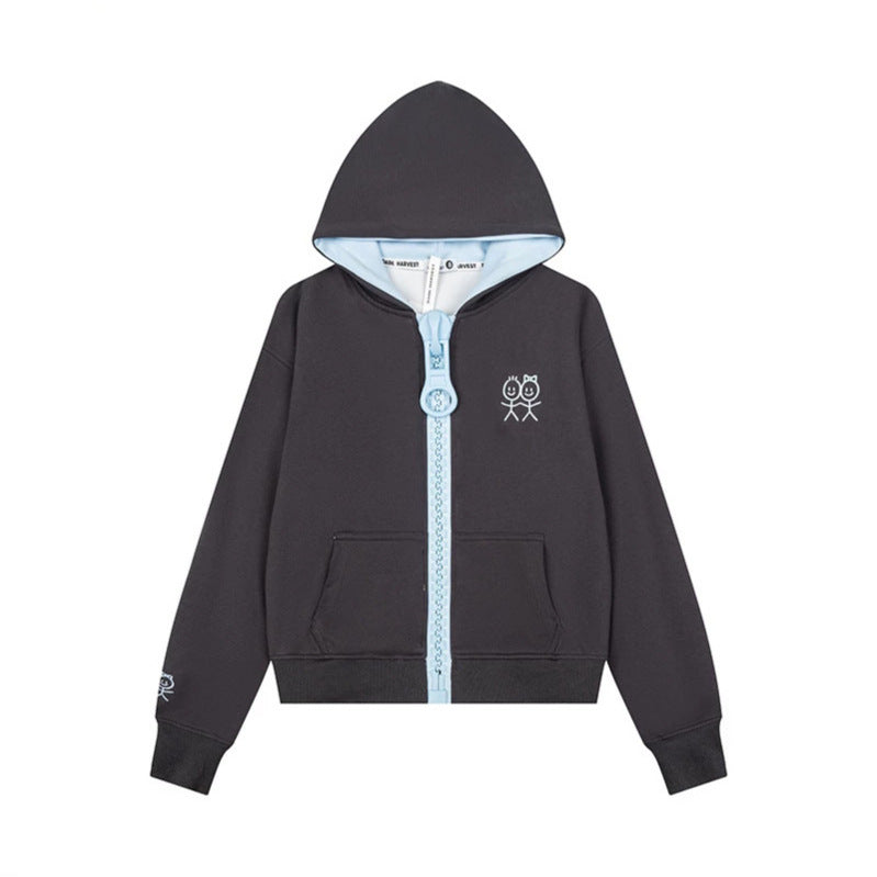 Women's Hoodie Sweat Jacket with Oversized Zipper and Minimalist Embroidery Mune Fashion