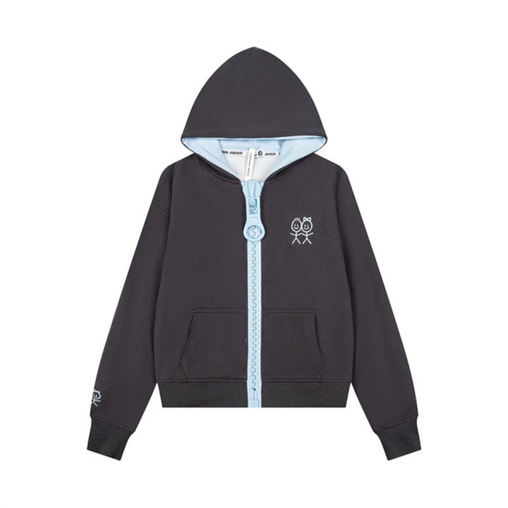 Women's Hoodie Sweat Jacket with Oversized Zipper and Minimalist Embroidery Mune Fashion