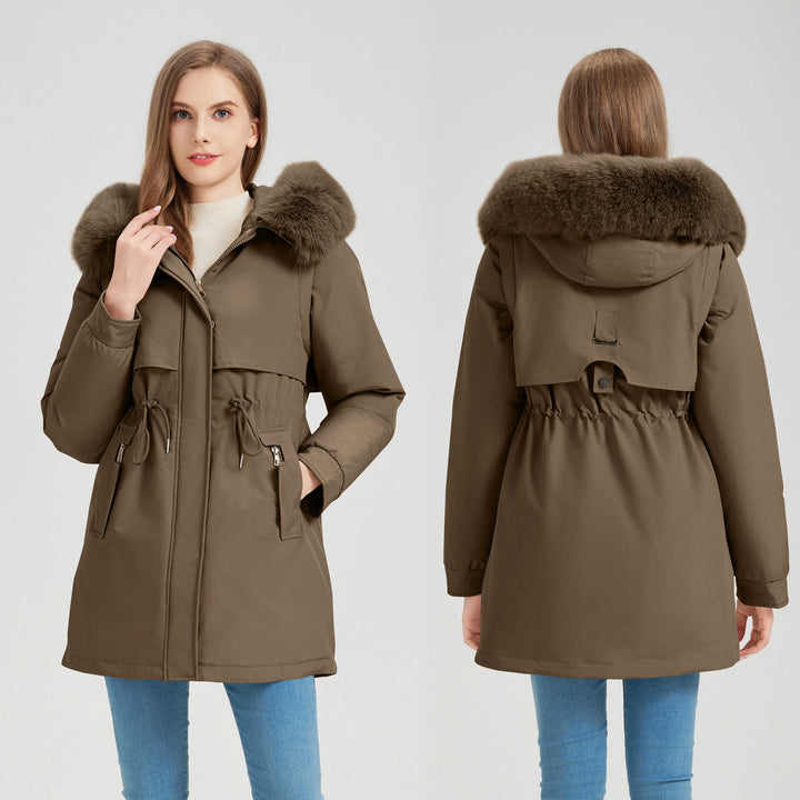 Women's Functional Parka with Removable Faux Fur Collar and Waist Drawstring Mune