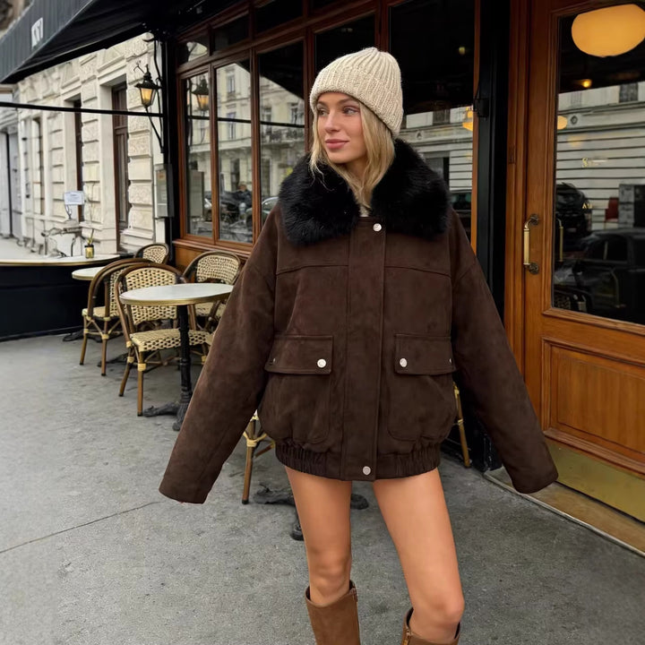 Women's Oversize Bomber Jacket made of Suede Imitation with Large Faux Fur Collar Mune Fashion