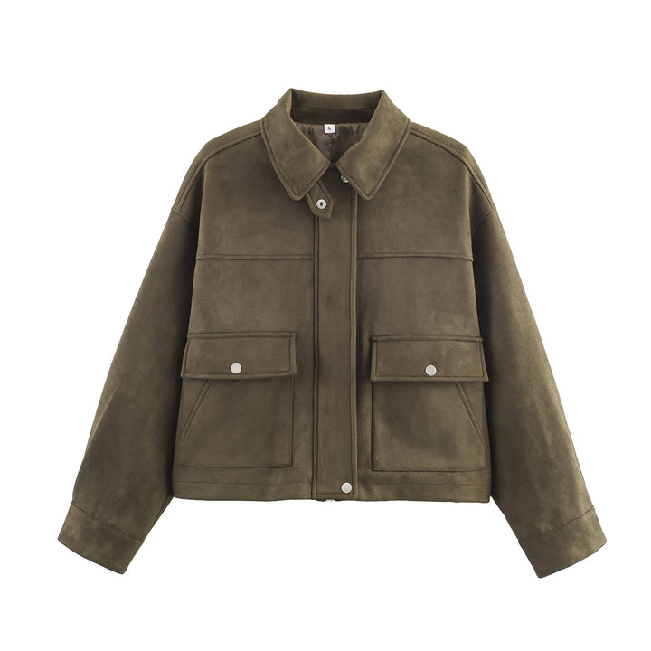 Women's boxy velour-look utility jacket with flap pockets and snap button placket Mune Fashion