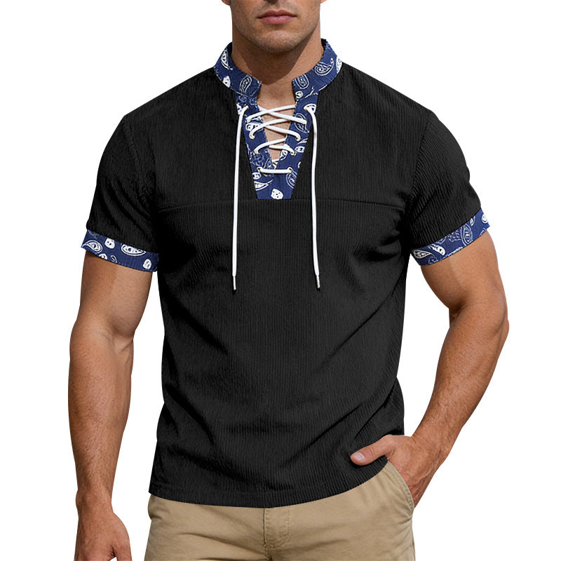 Men's short sleeve laced shirt with bandana trim and structured jersey quality Mune Fashion