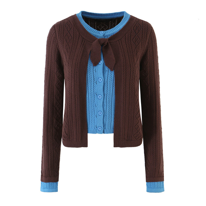 Women Fine Knit Two-Piece Cardigan with Bow Collar and Decorative Waistcoat Mune Fashion