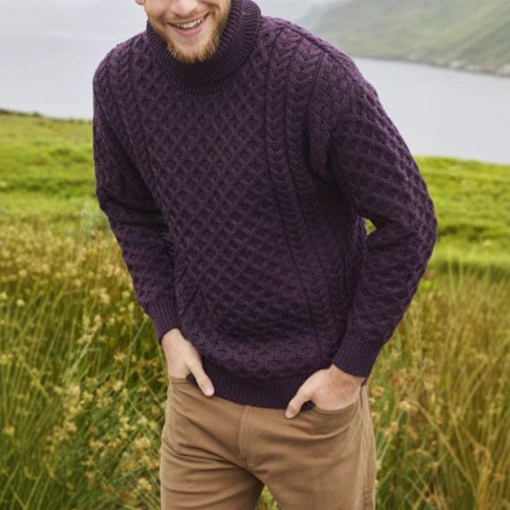 Men's knit pullover with stand-up collar and cable pattern