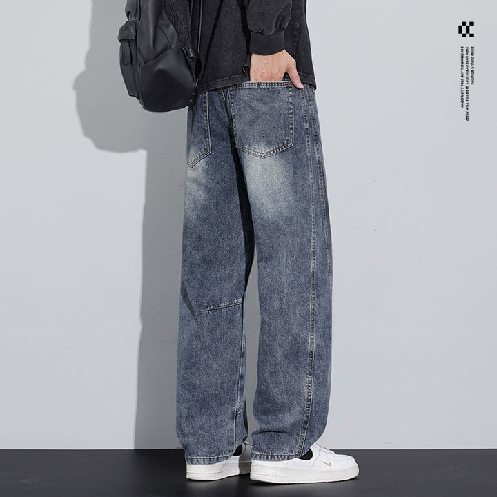 Men's Wide Baggy Jeans with Curved Seam Details and Used Wash Mune Fashion