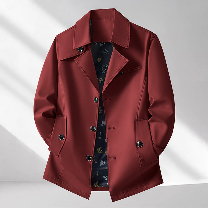 Men's transitional jacket in urban short trench style with notch collar, chest zipper, and patch pockets Mune Fashion