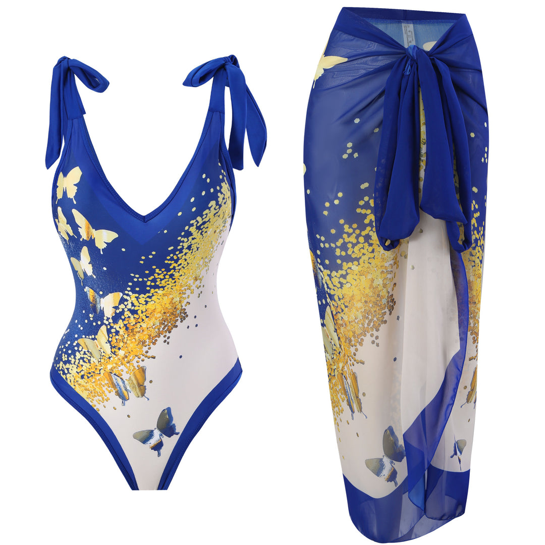 Women’s One-Piece Swimsuit with Playful Tie Straps and Elegant Wrap Skirt Mune Fashion