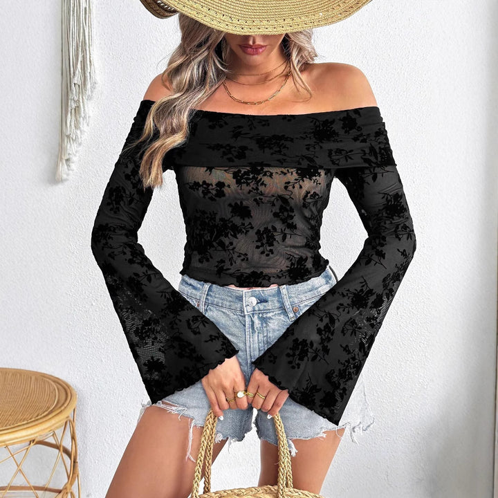 Women's Off-Shoulder Mesh Top with Floral Velvet Flock Application, Cropped Belly-Baring Cut and Trumpet Sleeves Mune Fashion