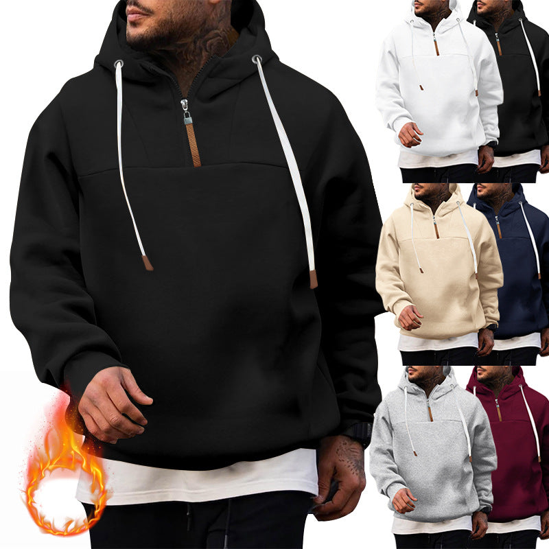 Men's Fleece Half-Zip Hoodie with Hood, Drawstring, and Elastic Cuffs Mune Fashion