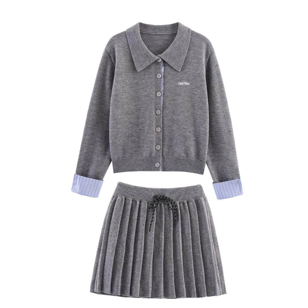 Women Two-Piece Fine Knit Set with Shirt Collar Cardigan and Pleated Skirt Mune Fashion