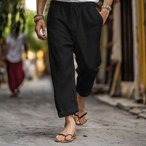 Men's casual linen jogger pants with elastic drawstring waistband, side pockets, and rollable hem Mune Fashion
