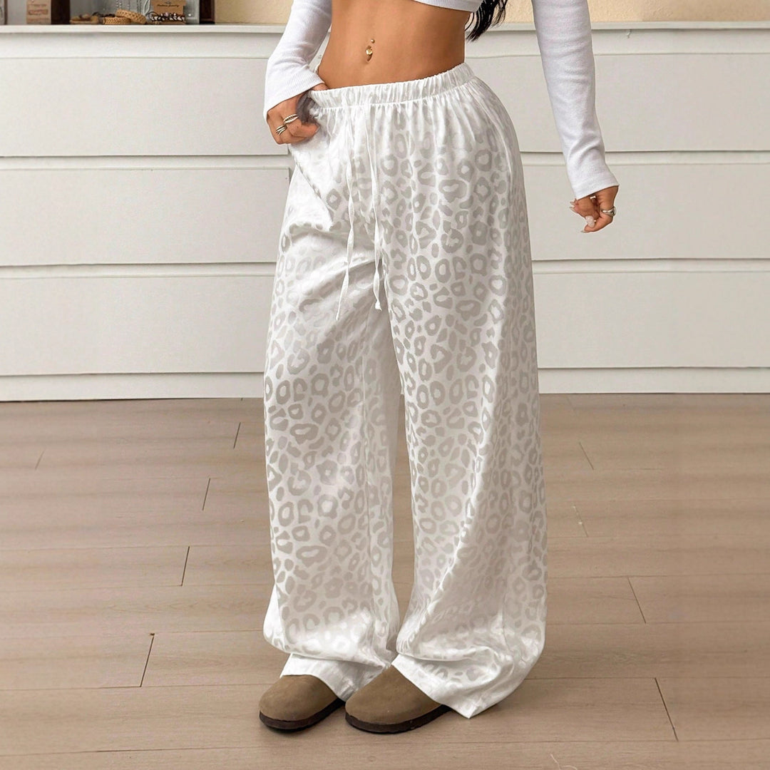 Women's Palazzo Style Loungewear Pants with Leopard Jacquard and Drawstring Mune Fashion