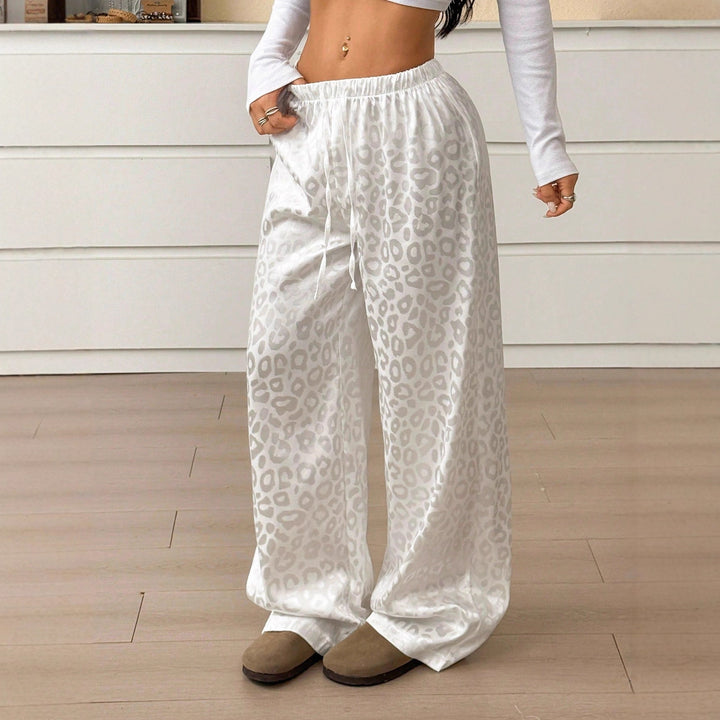 Women's Palazzo Style Loungewear Pants with Leopard Jacquard and Drawstring Mune Fashion