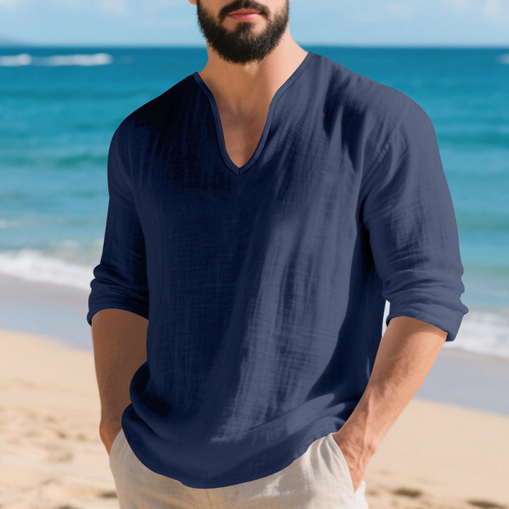 Men's lightweight linen V-neck shirt with a loose fit and roll-up sleeves Mune Fashion