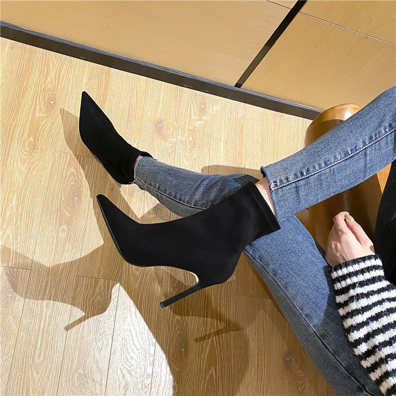 Women’s stretch sock boot with pointed toe and narrow stiletto heel