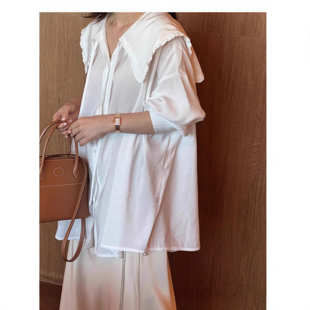 Women Oversized Shirt Blouse with Large Ruffled Collar and Roll-Up Sleeves Mune Fashion