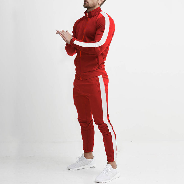 Men's fitted sports outfit with stand-up collar, full-length zip and tapered sports pants with side stripes Mune Fashion