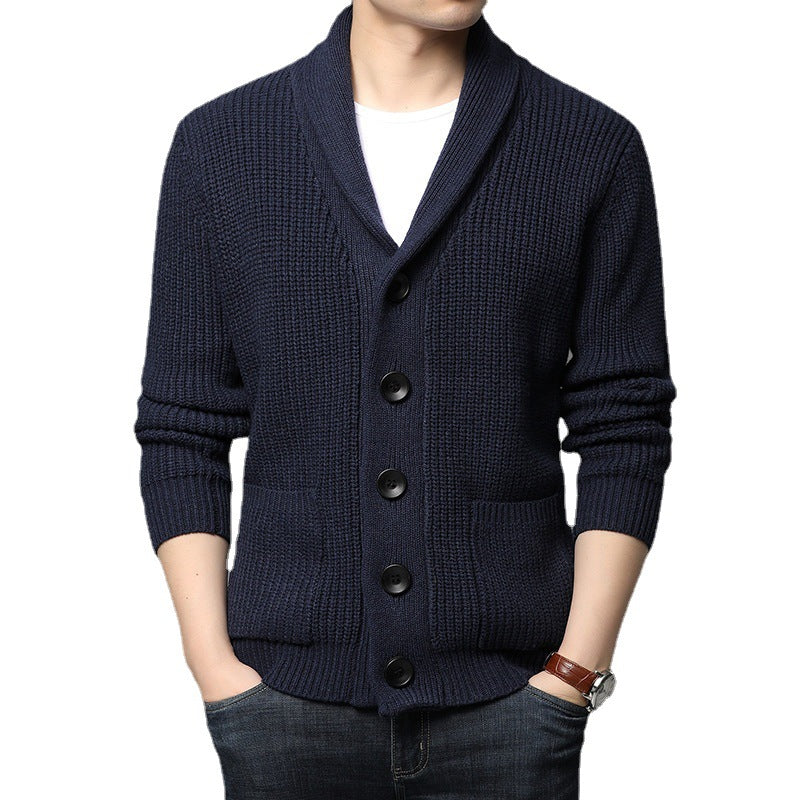 Men's chunky knit cardigan with shawl collar, patch pockets, and button placket Mune Fashion