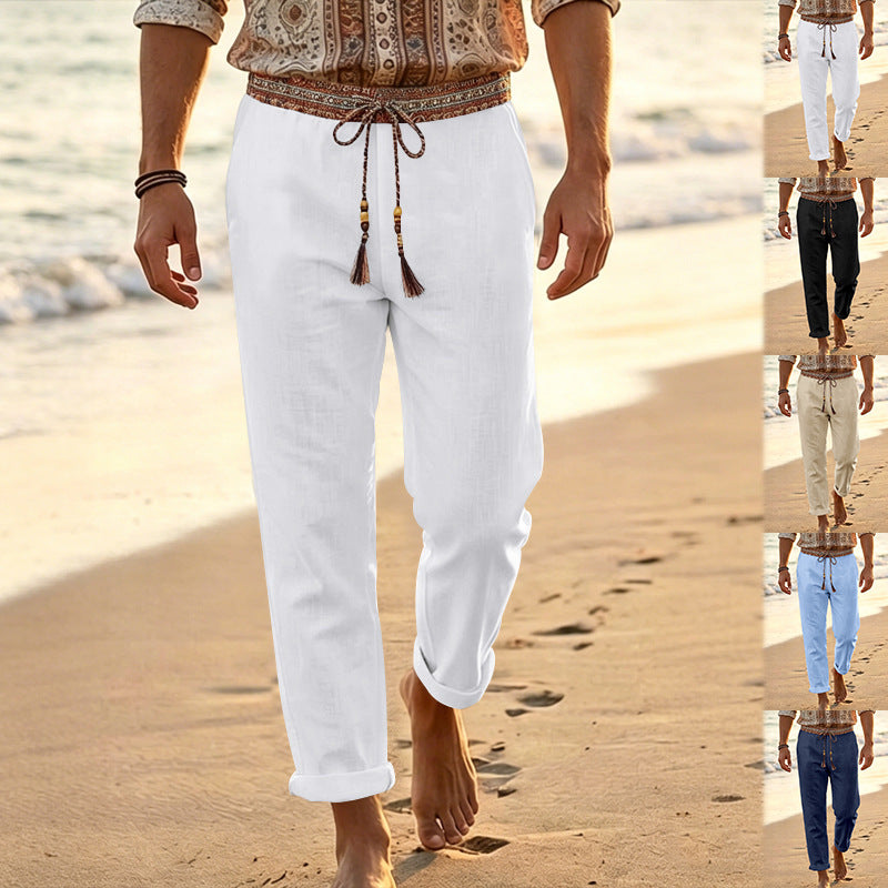 Men's nautical linen lounge pants with decorative ethnic waistband, elastic drawstring, and straight leg Mune Fashion