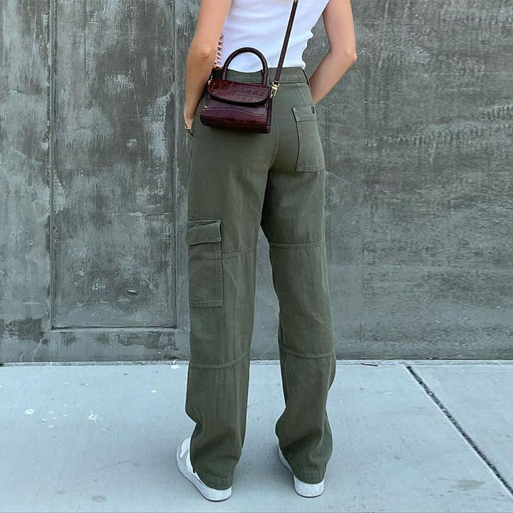Ladies High-Waisted Relaxed Cargo Pants with Wide Leg and Knee Pleats Mune Fashion