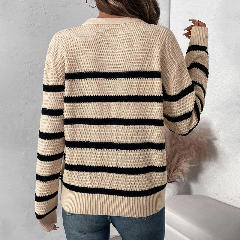 Women's Striped Waffle Knit Henley Sweater with Button Placket Mune Fashion
