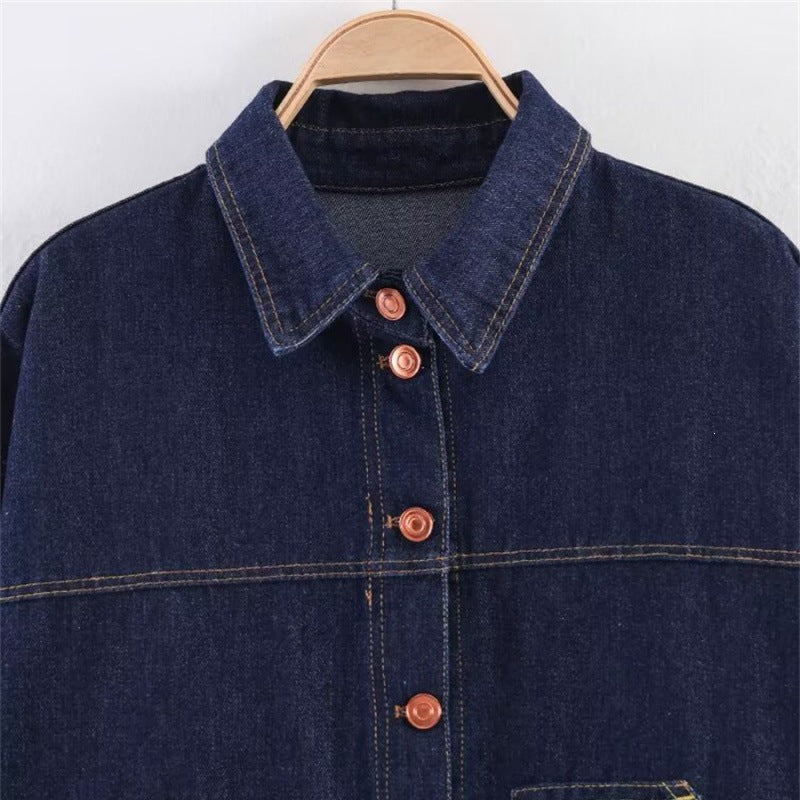 Women's Oversized Denim Jacket with Boxy Cropped Cut, Patch Pockets and Contrast Stitching Mune Fashion