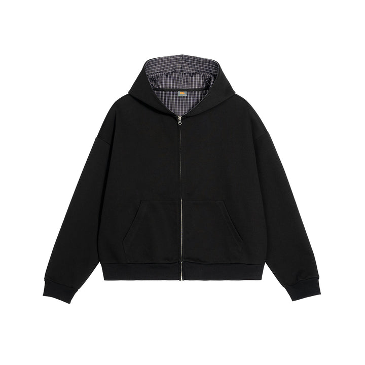 Unisex Short Cut Oversized Hoodie Jacket with Full Zipper, Checkered Lined Hood and Kangaroo Pocket Mune Fashion