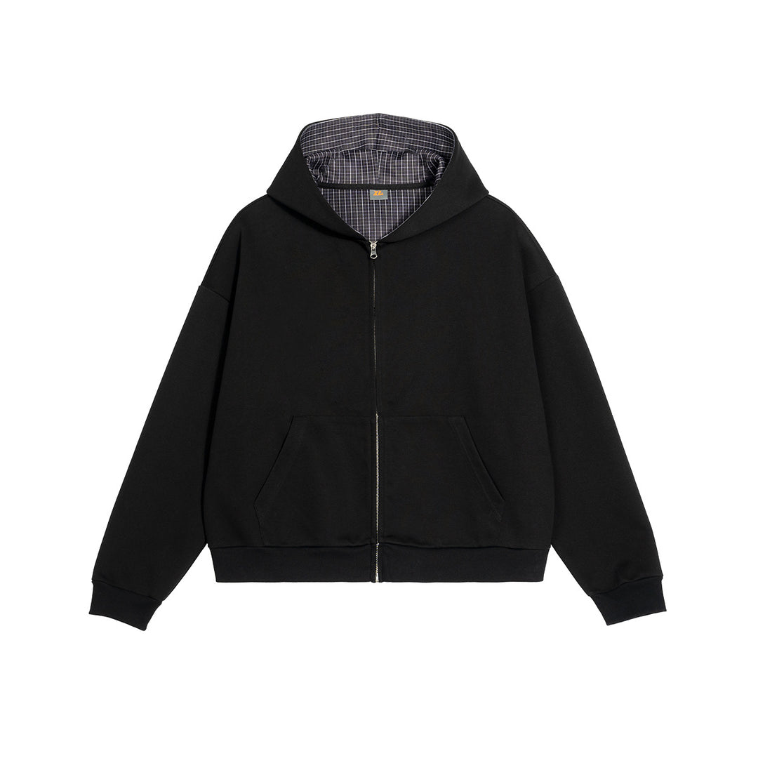 Unisex short cut oversized hoodie jacket with full zip, checkered lined hood and kangaroo pocket Mune Fashion