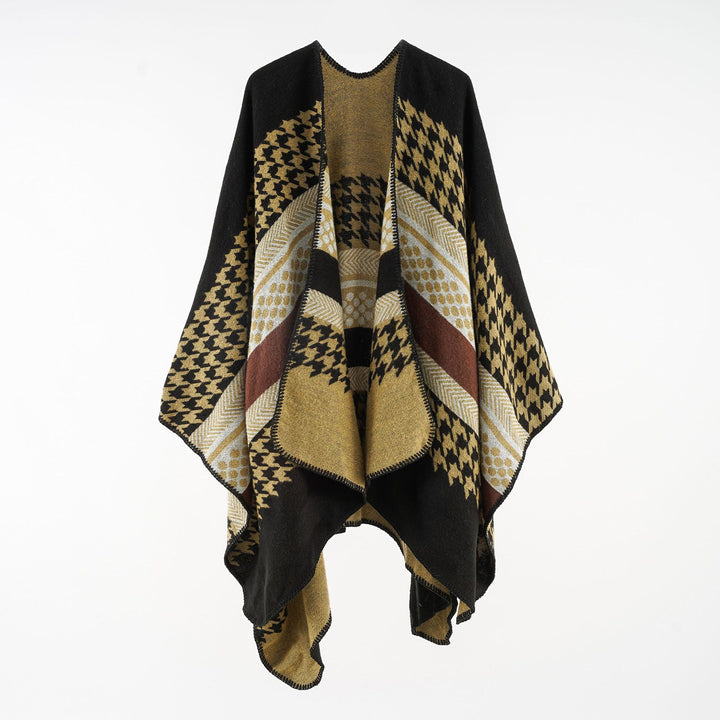 Women's Cozy Oversized Cape Poncho made of Wool Blend with Houndstooth and Graphic Jacquard