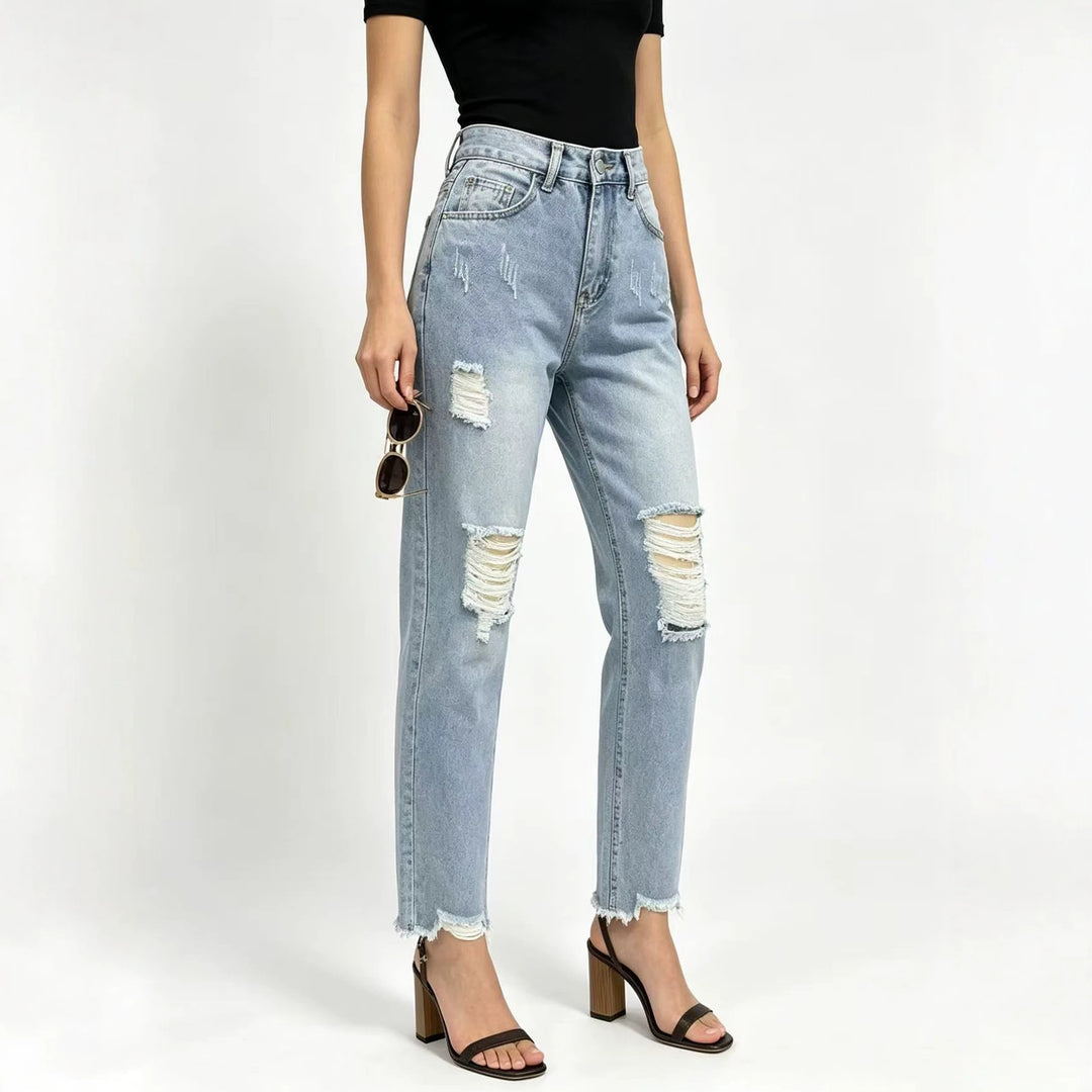 Women's high-waisted Straight Leg Jeans with targeted tear details and raw ankle hem Mune Fashion