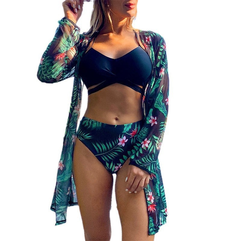 Women’s bikini set with floral design and loose cover-up drape