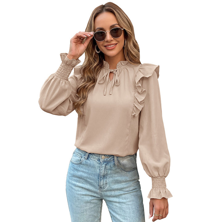 Women's Ruffle Blouse with Stand-Up Collar, Tie Bow and Smocked Sleeves Mune Fashion