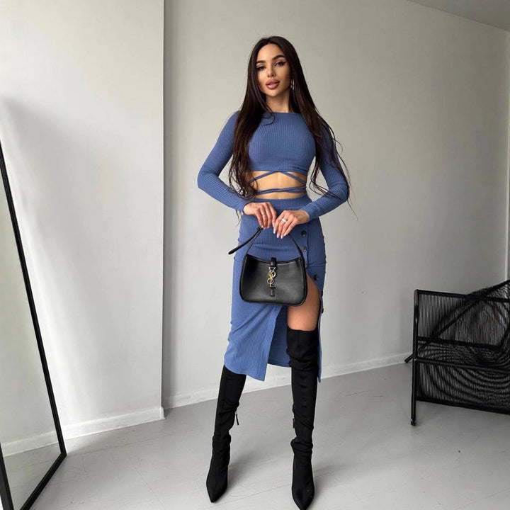 Women Ribbed Two-Piece Set with Cropped Long Sleeve Top, Wrap Band and Waist Highlighting Button Midi Skirt Mune Fashion