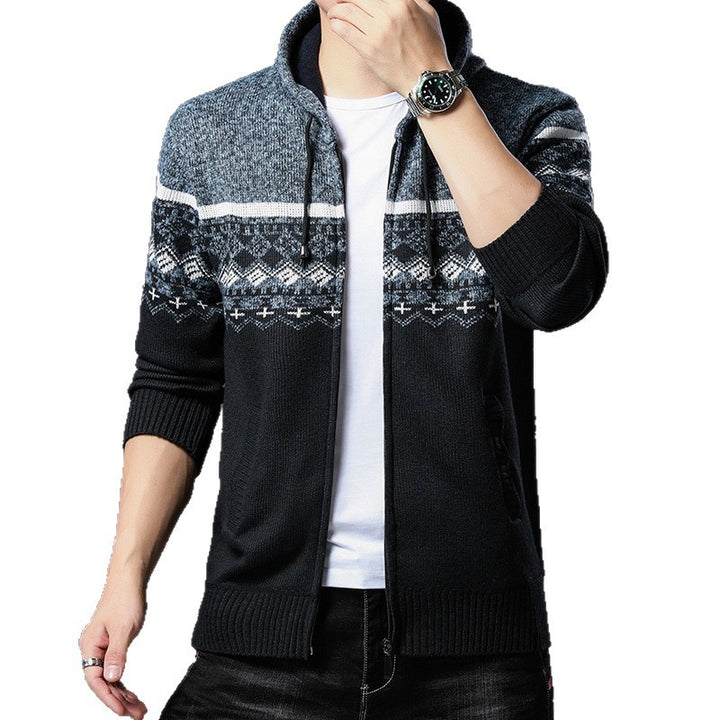 Men's Knit Zip Hoodie with Norwegian Pattern, Hood and Side Pockets Mune Fashion