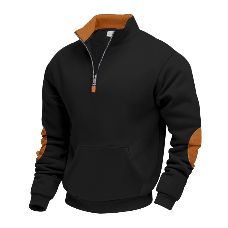 Men's Nano Insulated Half-Zip Pullover with Stand-Up Collar Fleece Lining Kangaroo Pocket and Suede Elbow Patches Mune Fashion