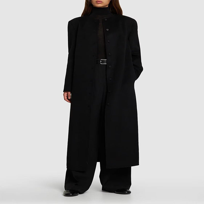 Women's Long Minimalist Stand-Up Collar Coat made of Wool Blend with Concealed Button Placket Mune Fashion
