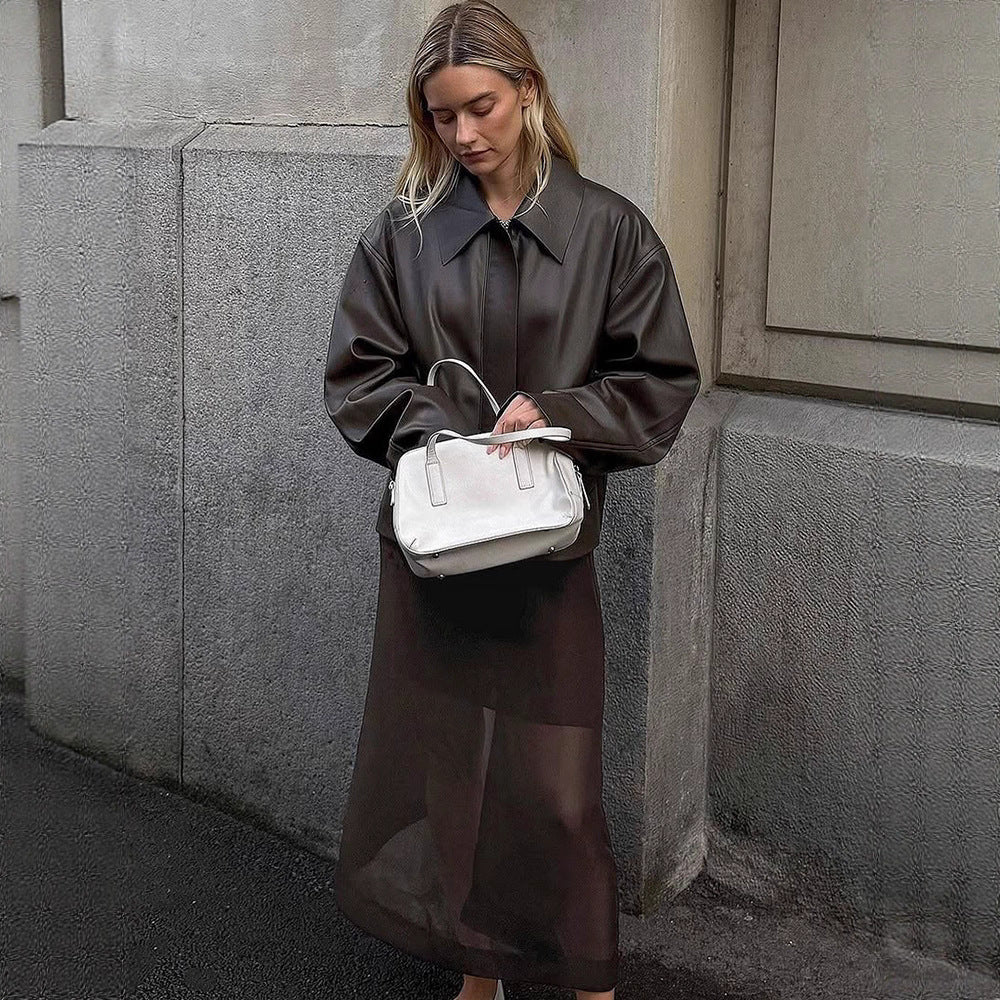 Ladies Cropped Boxy Jacket made of faux leather with oversized collar and concealed zipper placket Mune Fashion
