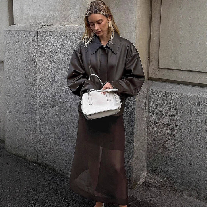 Ladies Cropped Boxy Jacket made of faux leather with oversized collar and concealed zipper placket Mune Fashion