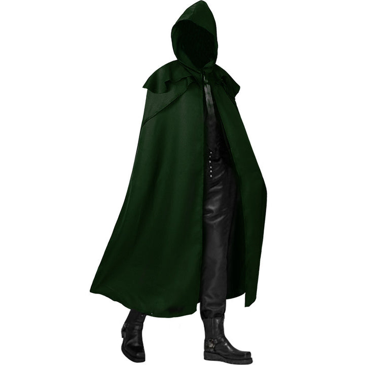 Unisex long hooded cape with wide drape, detachable shoulder cape and concealed tying system Mune Fashion