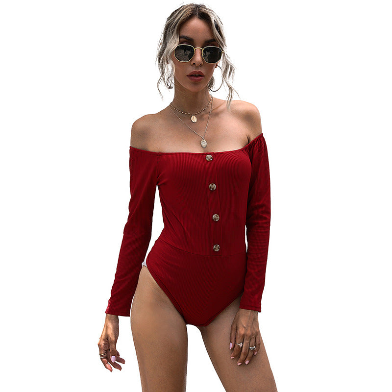 Women's Off-Shoulder Short Ribbed Top with Decorative Button Placket Mune Fashion