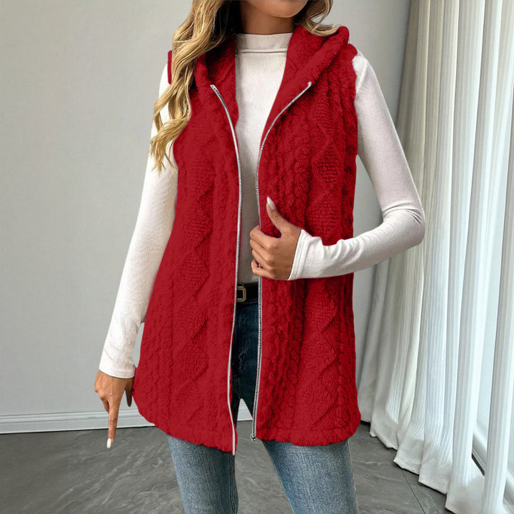 Women's Hooded Teddy Vest with Zipper and Structured Knit Look Mune Fashion