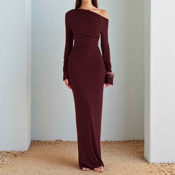 Women One-Shoulder Evening Maxi Dress with Long Sleeve and Tailored Draping Mune Fashion