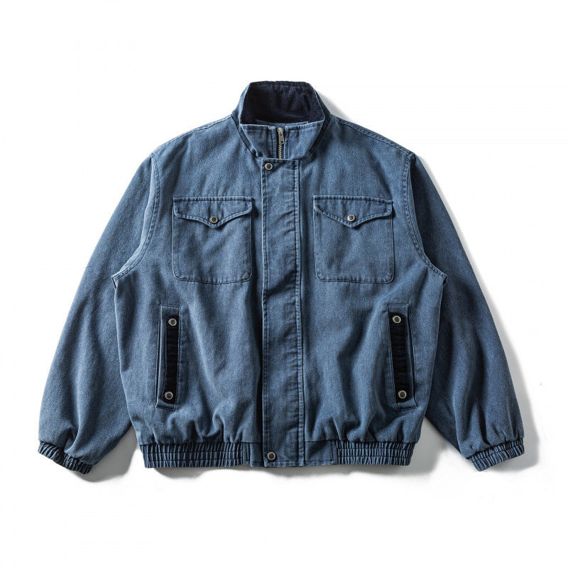 Men's Boxy Canvas Blouson Jacket with Cord Trim, Stand-Up Collar and Elastic Hem Mune Fashion
