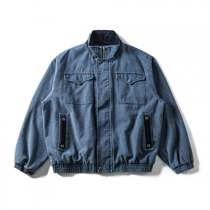Men's Boxy Canvas Blouson Jacket with Cord Trim, Stand-Up Collar and Elastic Hem Mune Fashion
